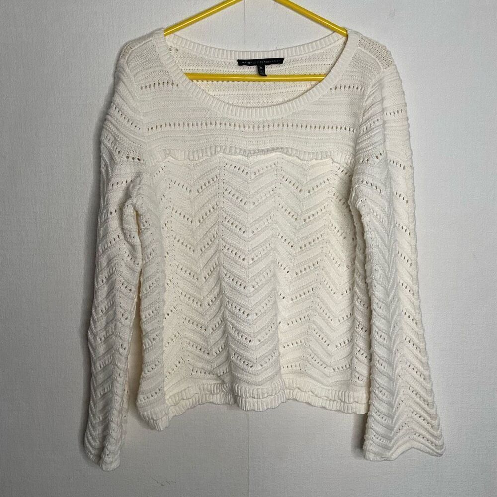 White House Black Market Cream Sweater Size XL Open Knit Scalloped Neutral